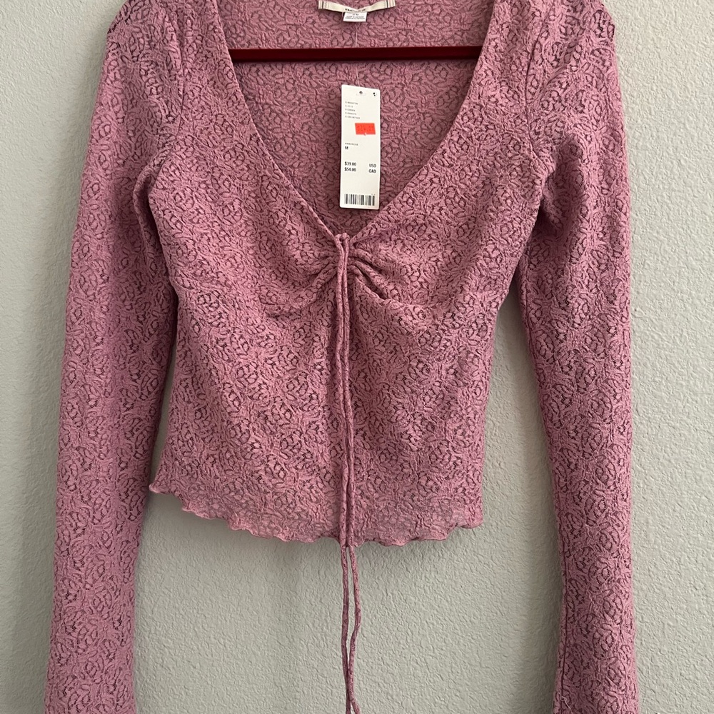 NWT Kimchi Blue Pink Ruched Tie Front Long Sleeve Blouse Size M